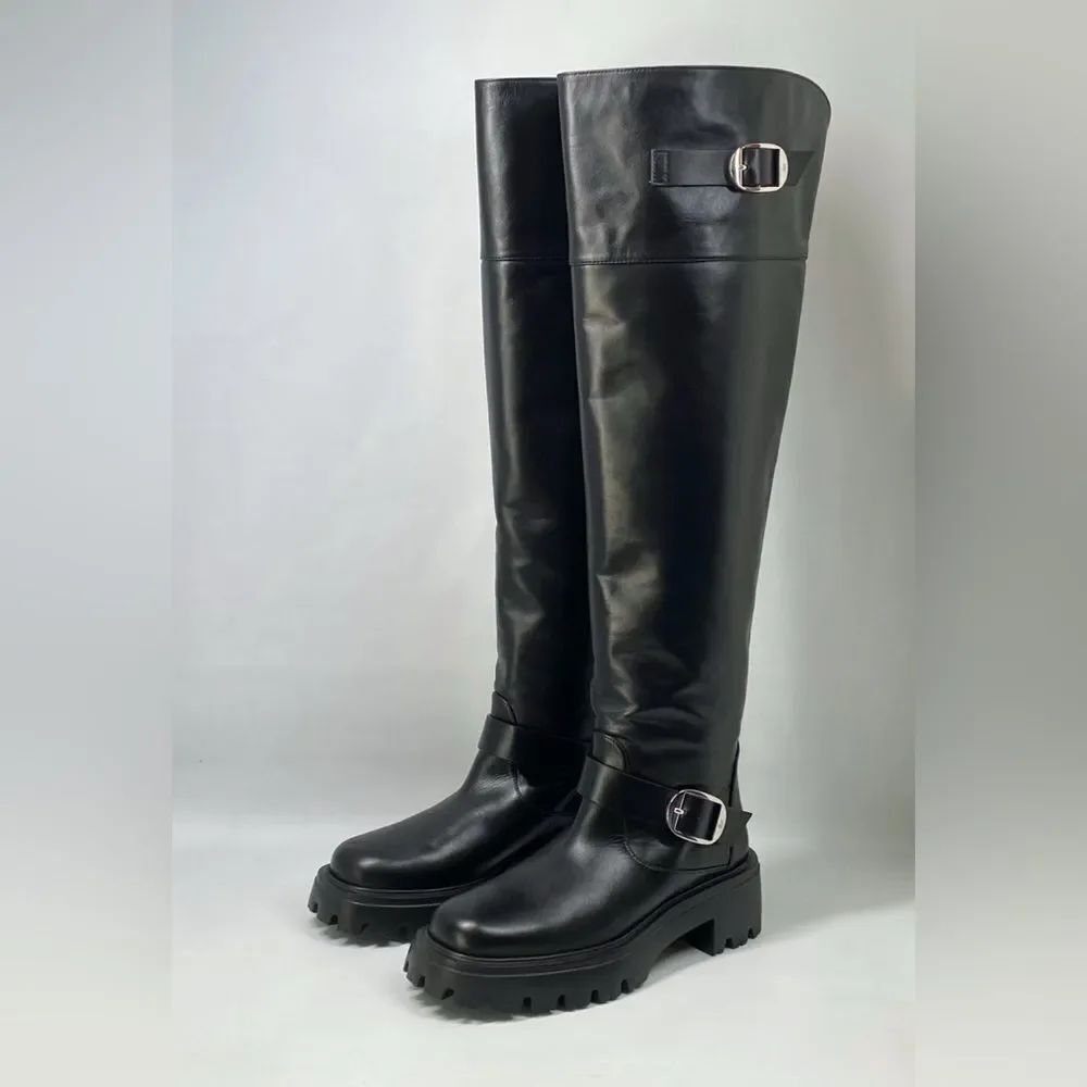 Stuart Weitzman Emerson 50MM Buckle-Accented Leather Tall Boots size 7